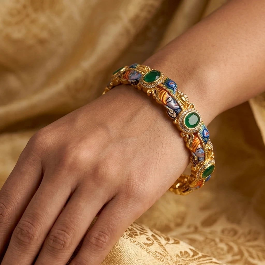 Elegents' Meenakari Green Krishna Openable Kada Bangle